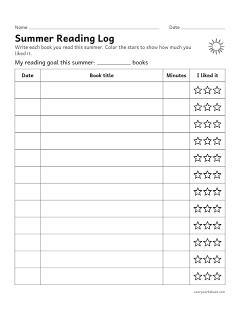 Preview of the printable “Summer reading log” worksheet: keeping a log of independent reading over the summer