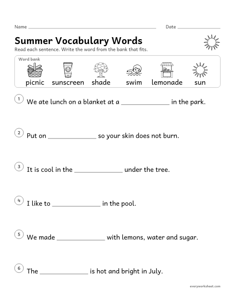 Preview of the printable “Summer vocabulary words” worksheet: using sentence clues to choose the word that fits