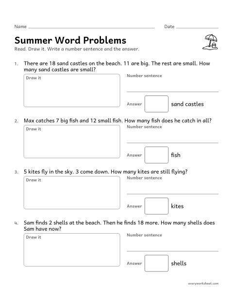 Preview of the printable “Summer word problems” worksheet: solving addition and subtraction word problems within 20