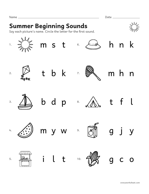 Preview of the printable “Summer beginning sounds” worksheet: hearing the first sound of a word and matching it to its letter