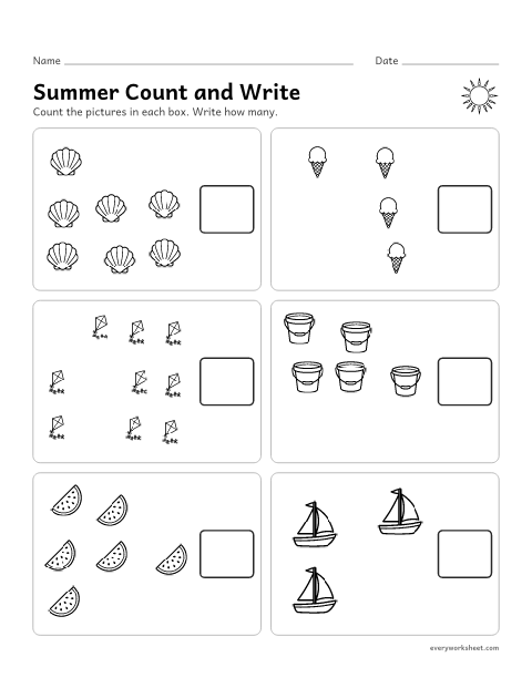 Preview of the printable “Summer count and write” worksheet: counting up to 10 objects in a scattered group and writing the number