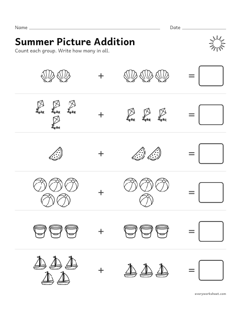 Preview of the printable “Summer picture addition” worksheet: adding within 10 with pictures