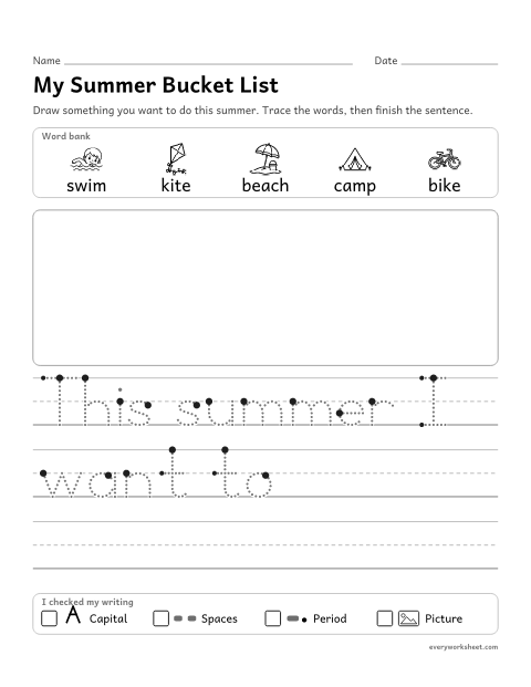Preview of the printable “My summer bucket list” worksheet: drawing and writing about a summer plan