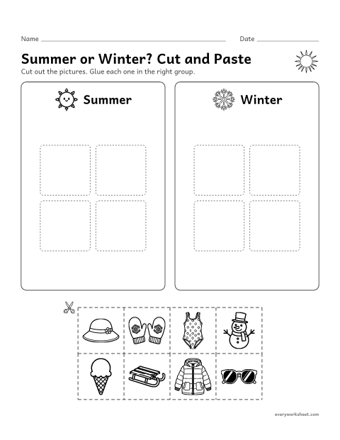 Preview of the printable “Summer or Winter? cut and paste” worksheet: sorting things we use in summer and in winter