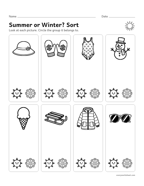 Preview of the printable “Summer or Winter? sort” worksheet: sorting things we use in summer and in winter
