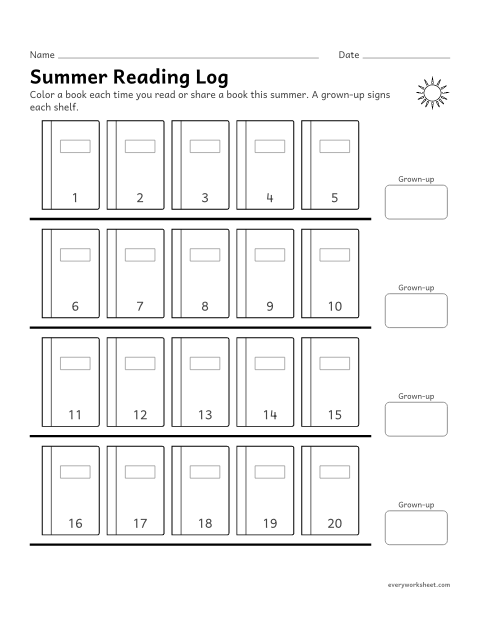 Preview of the printable “Summer reading log” worksheet: reading and sharing books every week over the summer