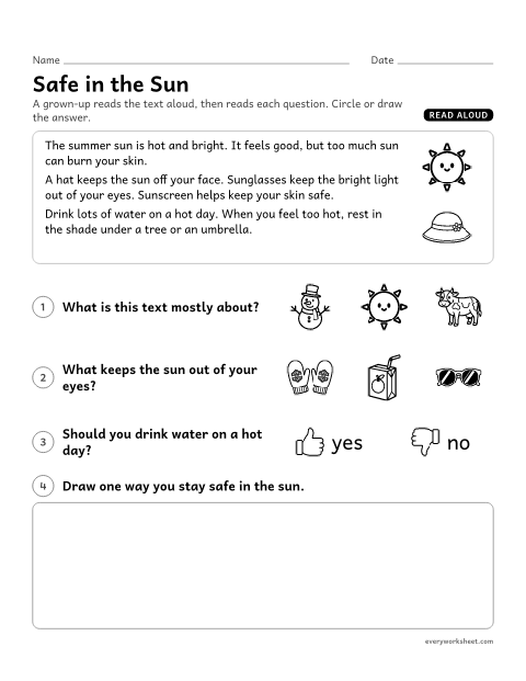Preview of the printable “Safe in the sun” worksheet: listening to an informational text and naming the main topic and key details