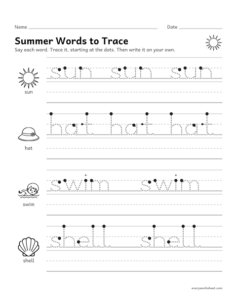 Preview of the printable “Summer words to trace” worksheet: tracing and writing summer words