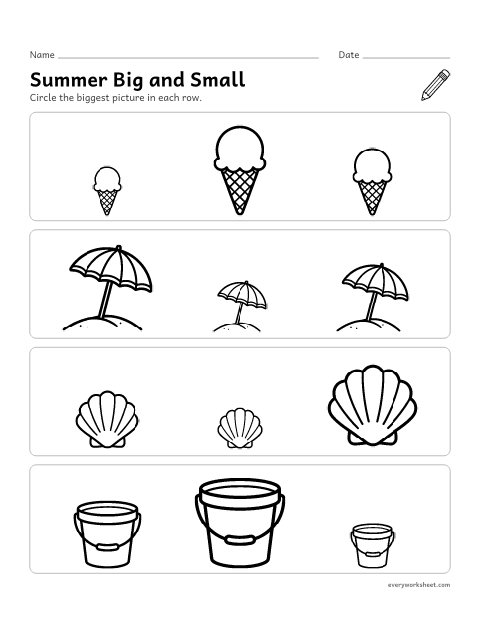Preview of the printable “Summer big and small” worksheet: comparing sizes and finding the biggest