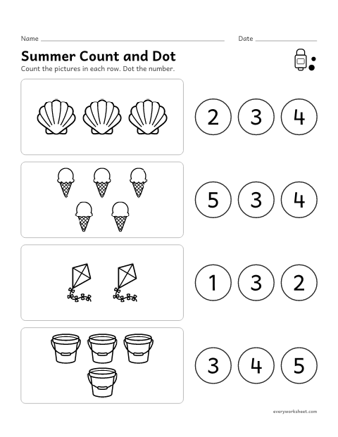 Preview of the printable “Summer count and dot” worksheet: counting 1 to 5 summer pictures and finding the number