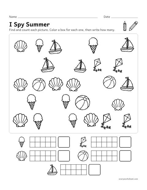 Preview of the printable “I spy summer” worksheet: finding and counting summer pictures up to 7