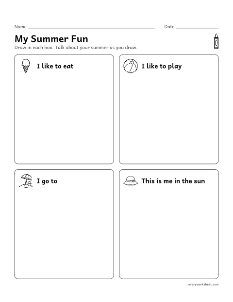 Preview of the printable “My summer fun” worksheet: drawing and telling about summer things