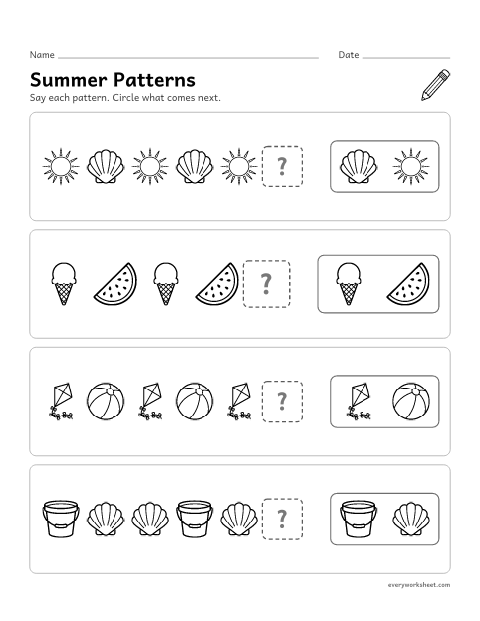 Preview of the printable “Summer patterns” worksheet: finding what comes next in AB and ABB patterns