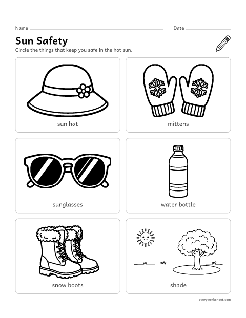Preview of the printable “Sun safety” worksheet: naming ways to stay safe in the hot sun