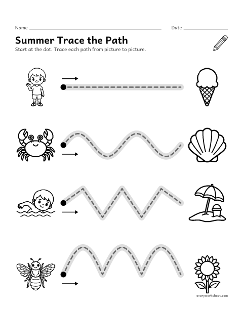 Preview of the printable “Summer trace the path” worksheet: tracing straight, wavy and zigzag lines from left to right