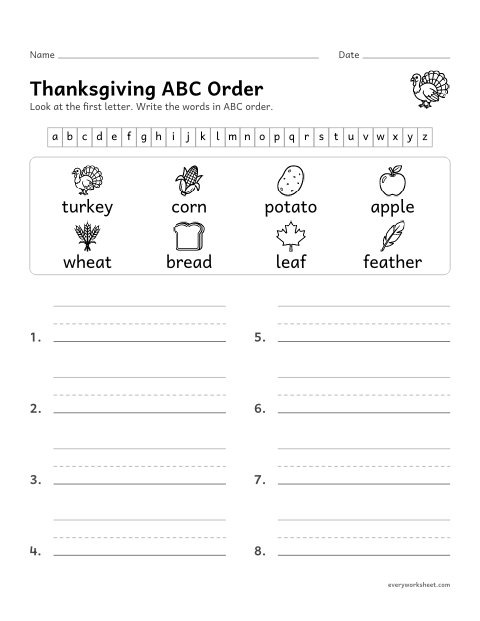 Preview of the printable “Thanksgiving ABC order” worksheet: putting Thanksgiving words in ABC order by the first letter
