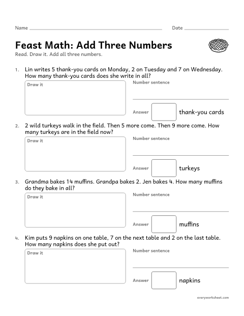 Preview of the printable “Feast Math: add three numbers” worksheet: solving word problems with three addends within 20