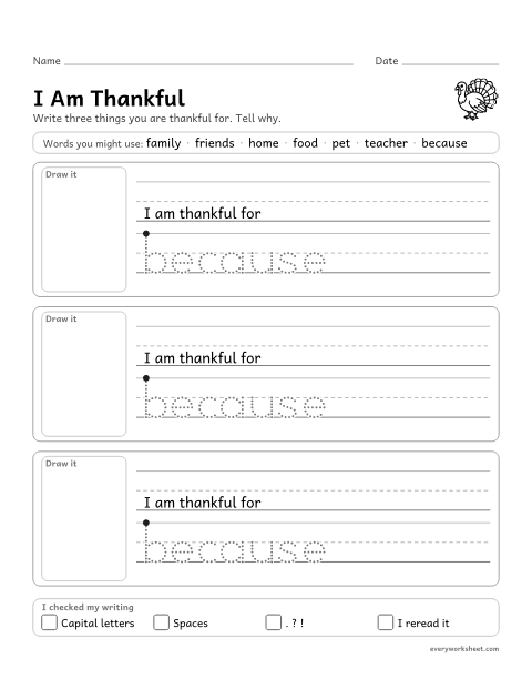 Preview of the printable “I am thankful” worksheet: writing about things you are thankful for and why