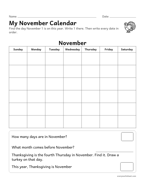 Preview of the printable “My november calendar” worksheet: writing the numbers 1 to 30 on a calendar and finding the fourth Thursday
