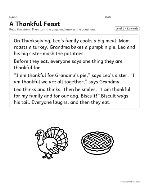 Preview of the printable “A thankful feast” worksheet: answering questions about key details in a Thanksgiving story