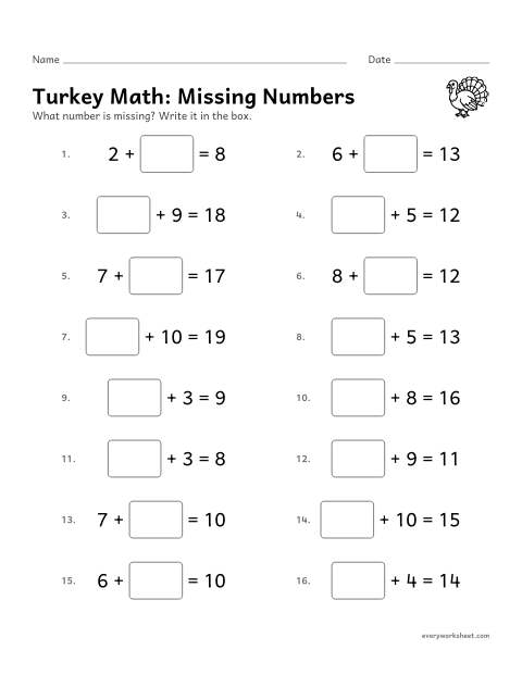 Preview of the printable “Turkey Math: missing numbers” worksheet: finding a missing addend within 20