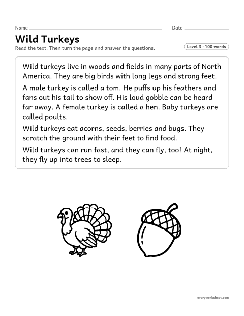 Preview of the printable “Wild turkeys” worksheet: telling the main topic and key details of a nonfiction text about wild turkeys