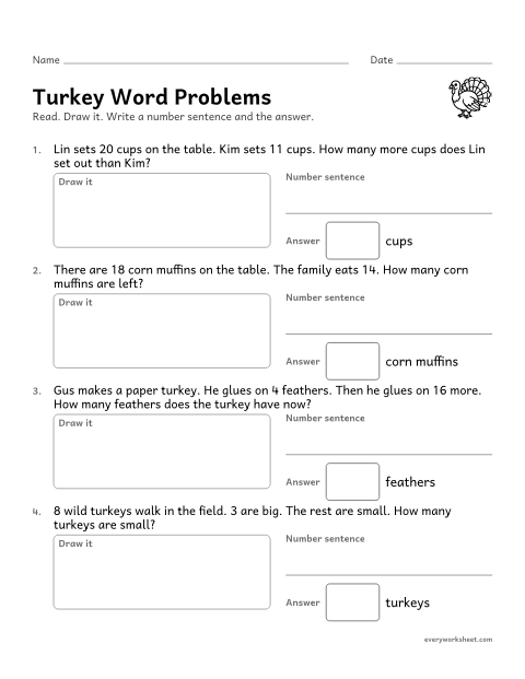Preview of the printable “Turkey word problems” worksheet: solving Thanksgiving word problems within 20