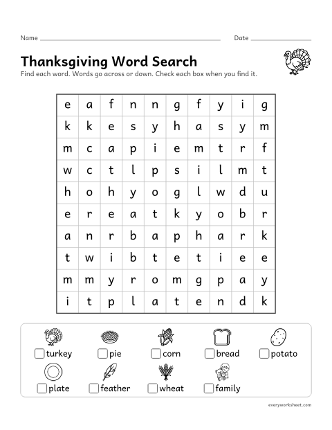 Preview of the printable “Thanksgiving word search” worksheet: finding and reading Thanksgiving words by their spelling