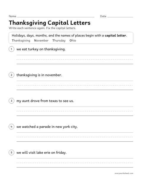 Preview of the printable “Thanksgiving capital letters” worksheet: capitalizing holidays, days, months and place names