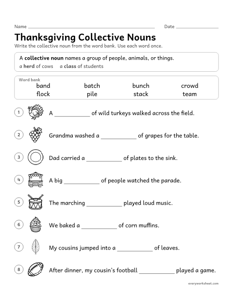 Preview of the printable “Thanksgiving collective nouns” worksheet: using collective nouns to name groups in Thanksgiving sentences