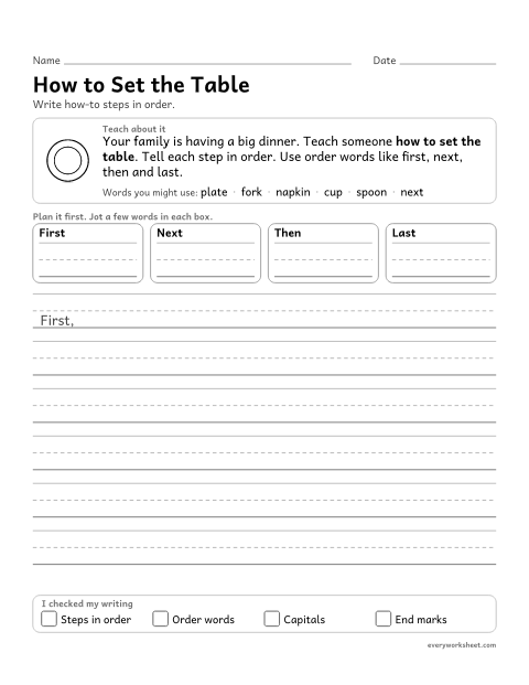 Preview of the printable “How to set the table” worksheet: writing how-to steps in order with order words
