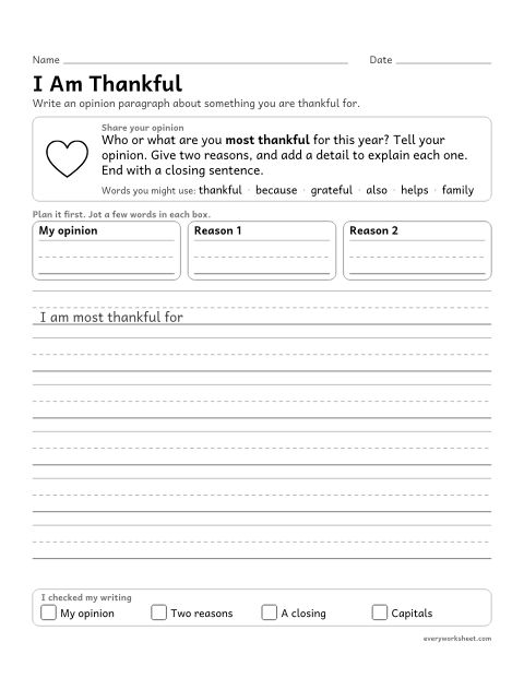 Preview of the printable “I am thankful” worksheet: writing an opinion paragraph about being thankful, with reasons and a closing