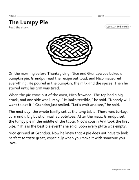 Preview of the printable “The lumpy pie” worksheet: reading a Thanksgiving story, retelling events in order and finding the lesson
