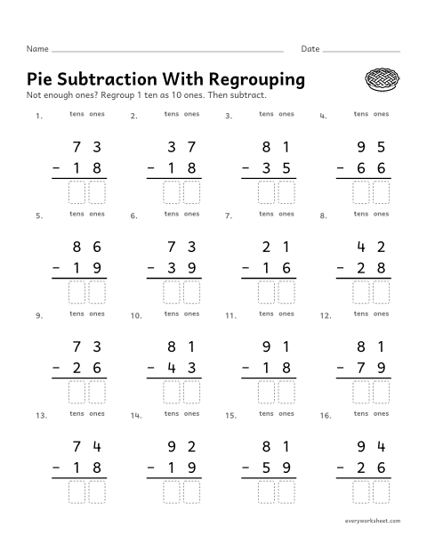 Preview of the printable “Pie subtraction with regrouping” worksheet: subtracting two-digit numbers with regrouping