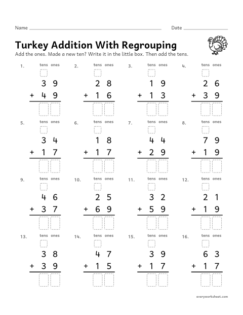 Preview of the printable “Turkey addition with regrouping” worksheet: adding two-digit numbers with regrouping