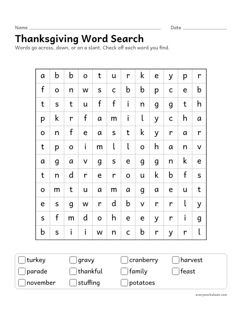 Preview of the printable “Thanksgiving word search” worksheet: reading and finding Thanksgiving words, including words with vowel teams and two syllables