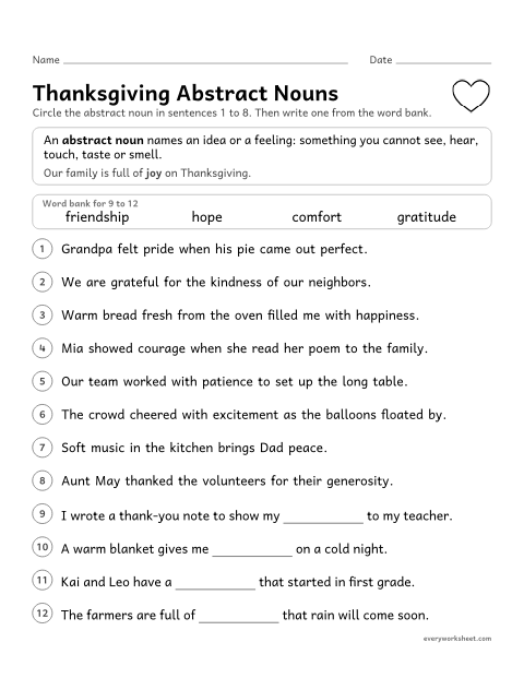 Preview of the printable “Thanksgiving abstract nouns” worksheet: finding and using abstract nouns (for example, kindness, pride, gratitude)