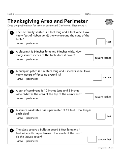 Preview of the printable “Thanksgiving area and perimeter” worksheet: telling area from perimeter and solving real-world area and perimeter problems