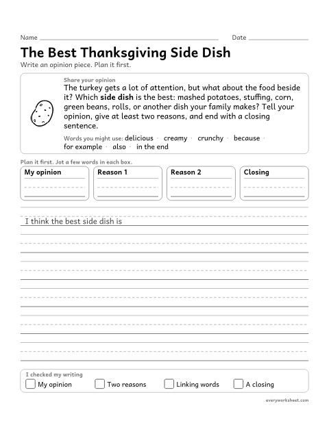 Preview of the printable “The best thanksgiving side dish” worksheet: writing an opinion piece with reasons, linking words and a concluding statement
