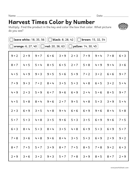 Preview of the printable “Harvest times color by number” worksheet: multiplication facts within 100 (color by product)