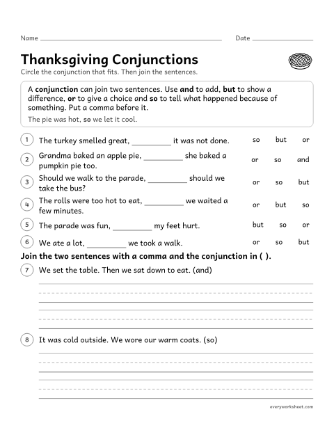 Preview of the printable “Thanksgiving conjunctions” worksheet: using the coordinating conjunctions and, but, or and so to join sentences