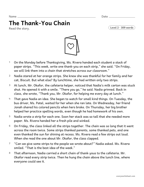 Preview of the printable “The Thank-You chain” worksheet: finding the central message of a story and explaining how key details show it