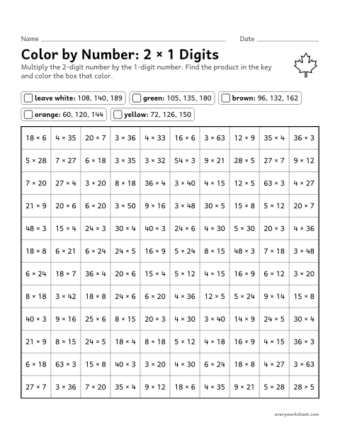 Preview of the printable “Color by Number: 2 × 1 digits” worksheet: multiplying 2-digit numbers by 1-digit numbers (color by product)
