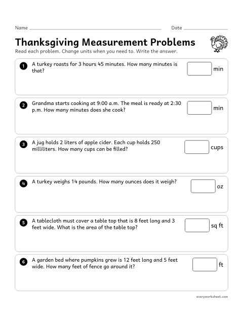 Preview of the printable “Thanksgiving measurement problems” worksheet: solving word problems with time, liquid volume, weight and area and perimeter, changing units when needed