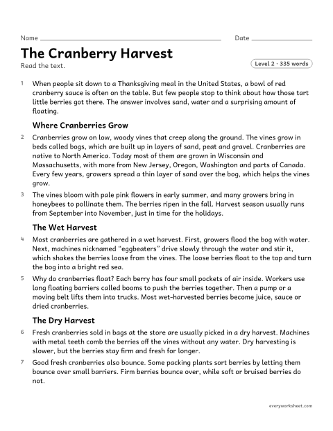 Preview of the printable “The cranberry harvest” worksheet: explaining what happens and why in a process described in a science text