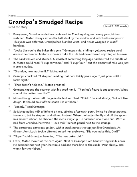 Preview of the printable “Grandpa's smudged recipe” worksheet: finding the theme of a story from details in the text