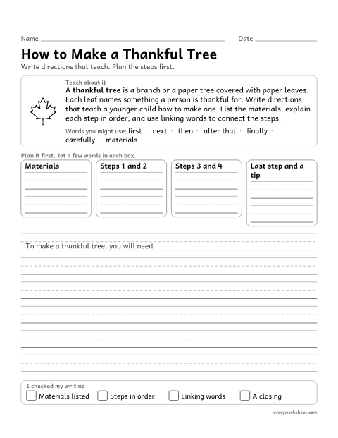 Preview of the printable “How to make a thankful tree” worksheet: writing a how-to (informative) text with steps in order and linking words