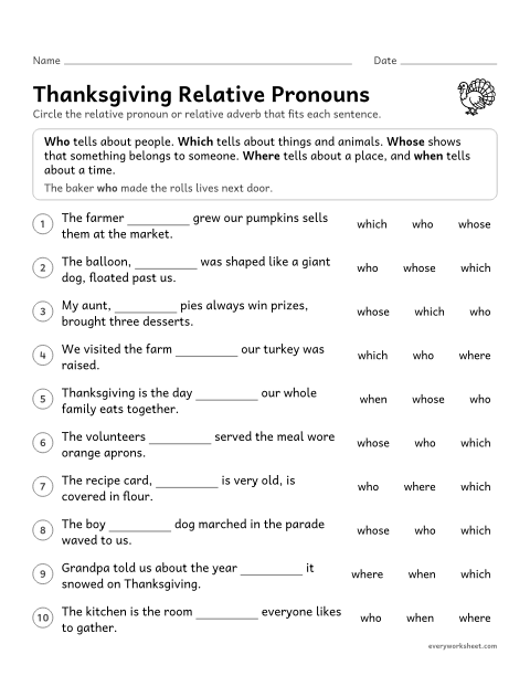 Preview of the printable “Thanksgiving relative pronouns” worksheet: using the relative pronouns who, whose and which and the relative adverbs where and when