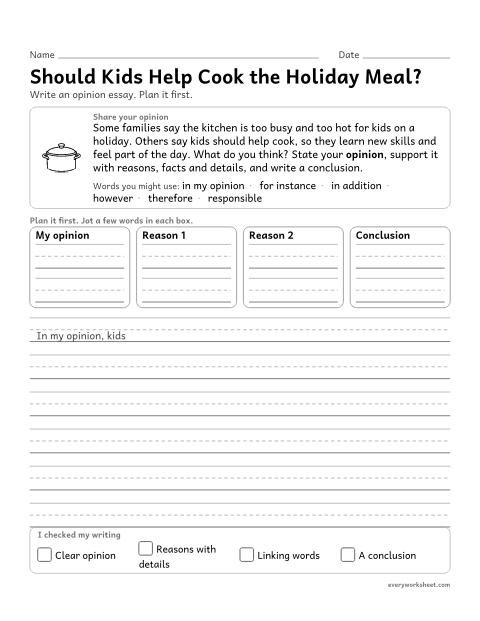 Preview of the printable “Should kids help cook the holiday Meal?” worksheet: writing an opinion piece with reasons supported by facts and details