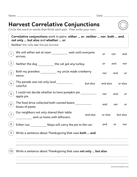 Preview of the printable “Harvest correlative conjunctions” worksheet: using correlative conjunctions (either/or, neither/nor, both/and, not only/but also, whether/or)